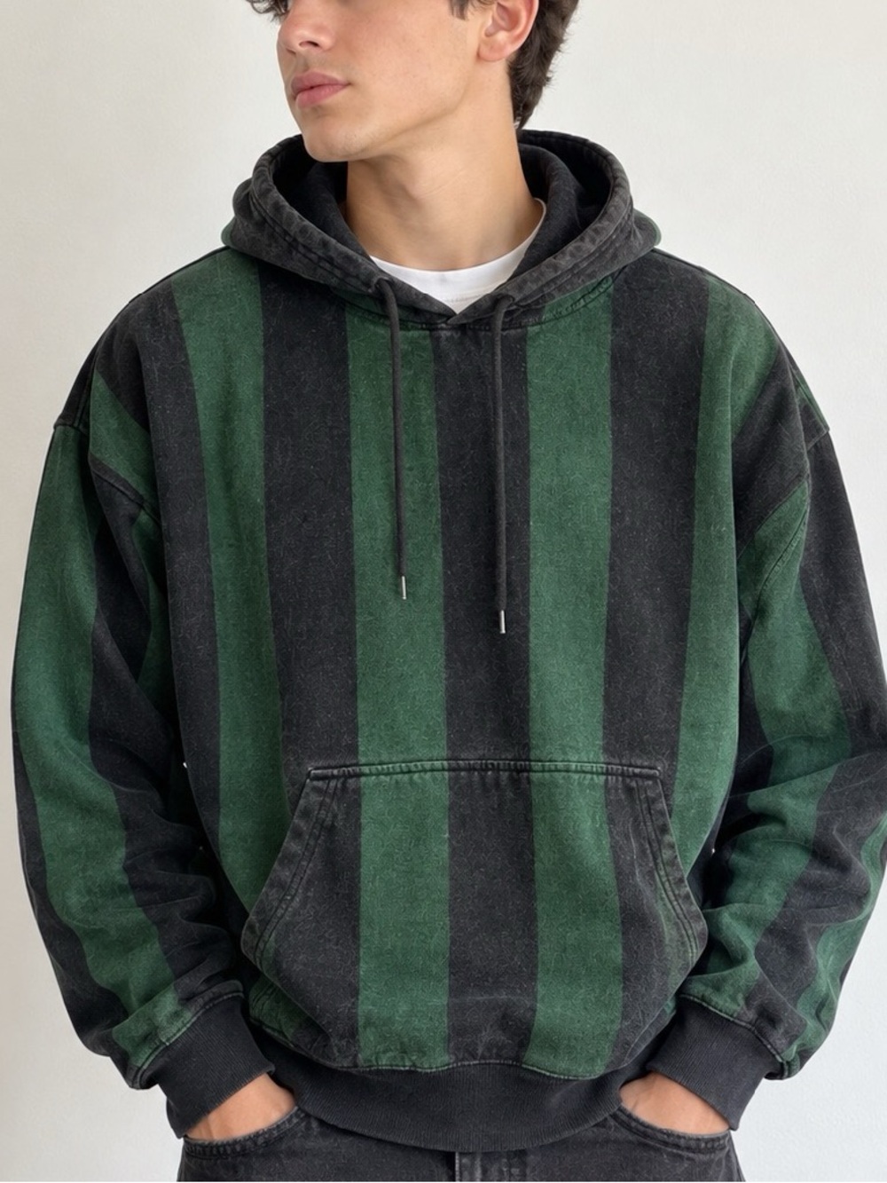 Zara Men’s Green Charcoal Striped Hooded Pullover Sweatshirt L/XL Hoodie